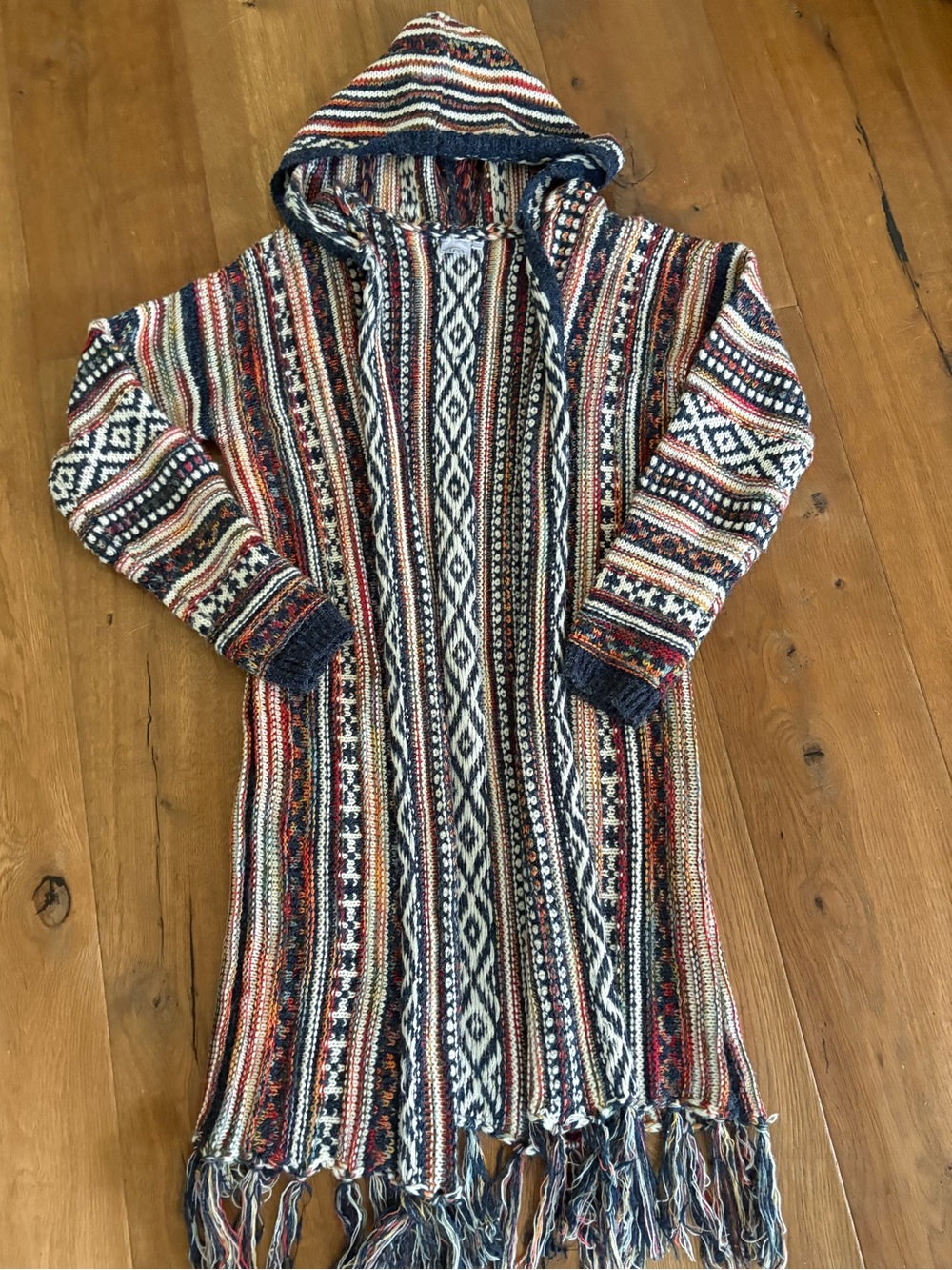 Multicolor Hooded Boho Fringe Cardigan Sweater